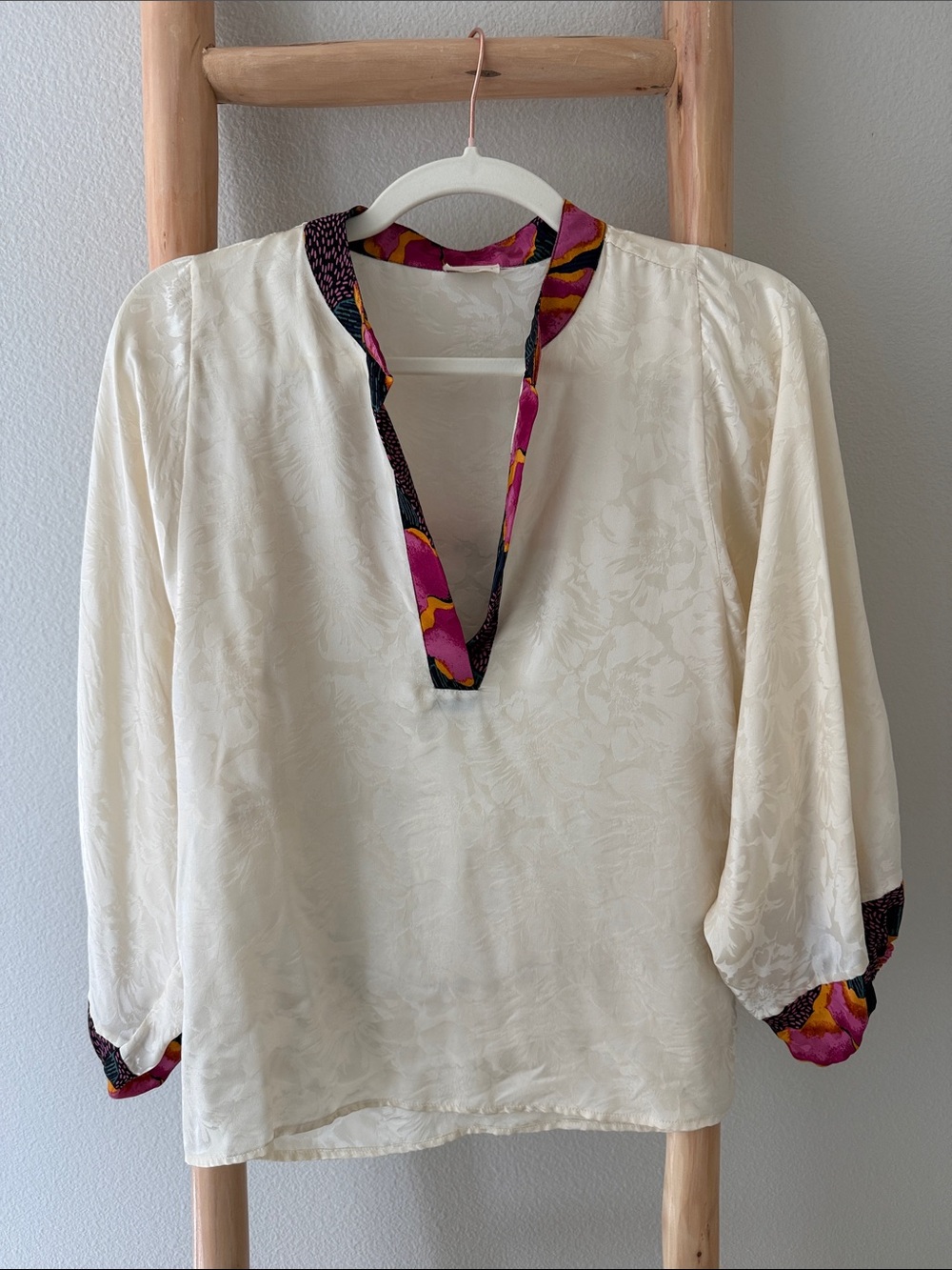 Warm Cream Satin Blouse with Pink & Yellow Trim